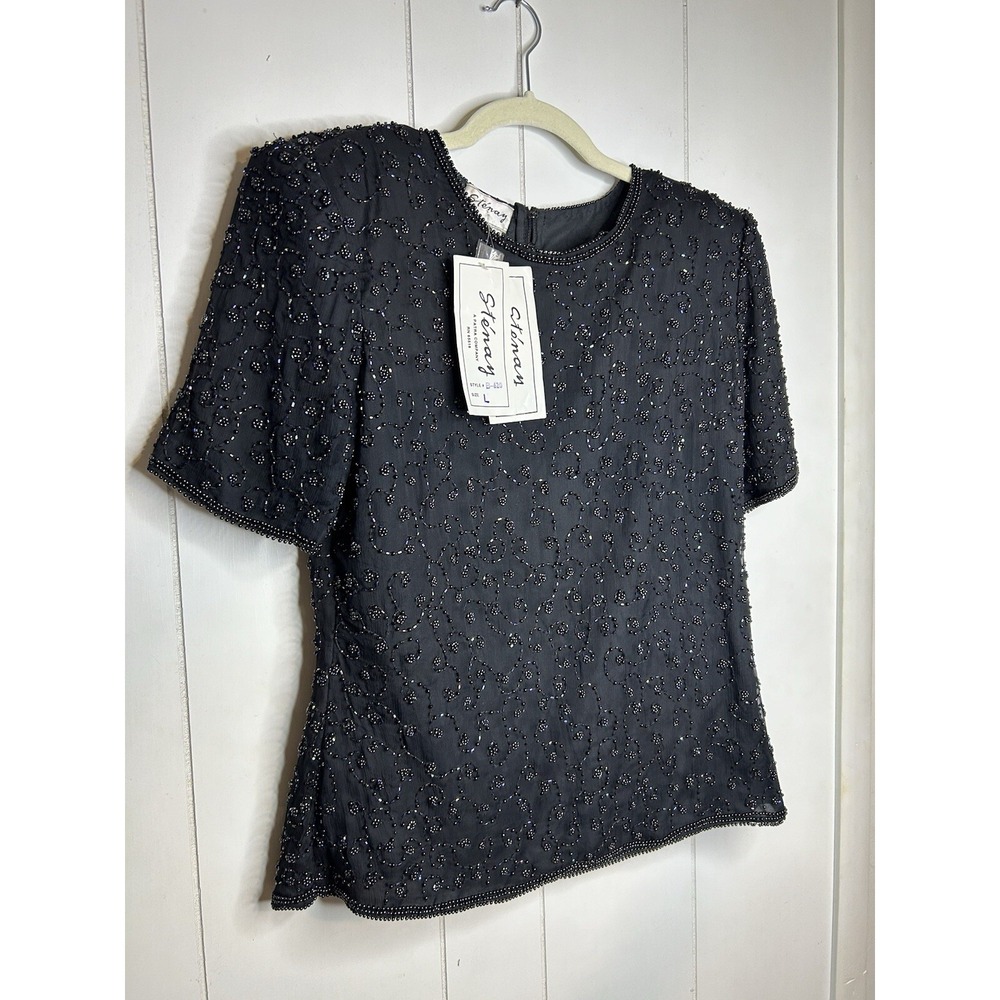 VINTAGE Stenay Top Women Small Black Silk Blouse Beaded Sequins Evenings‎ 90s